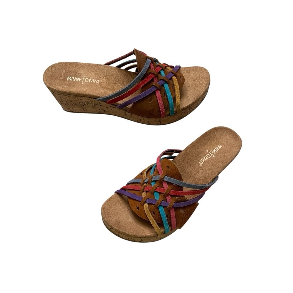 Minnetonka Bria Leather Multicolor Wedge Slip On Cork Platform Sandal size 9